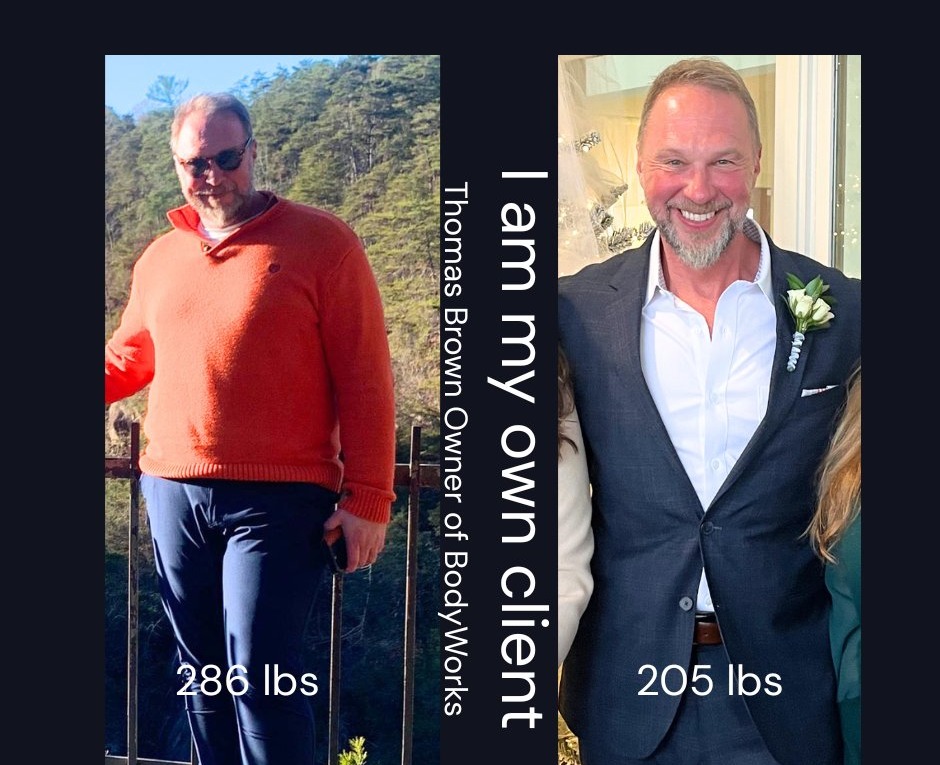 Thomas Brown, founder of BodyWorks, before and after: 286 lbs to 205 lbs